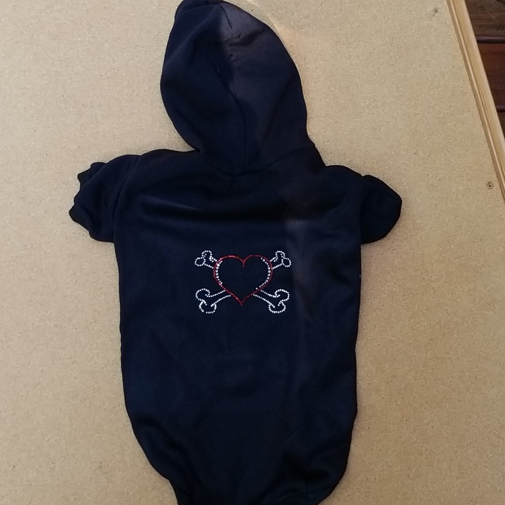 Dog hoodie heart crossbones rhinestones Halloween